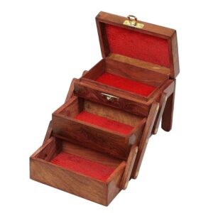 aashope Handmade Wooden Jewellery Box for Women | Brown Finish Organiser with Multiple Compartments & Elegant Carvings Handcrafted Wooden Jewellery Box for Women |