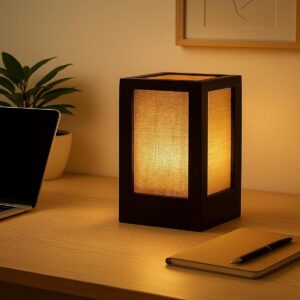 make in modern Handcrafted Wooden Table Lamp with Natural Jute Shade – Rectangular Black Finish Lamp for Bedside, Living Room, Desk – 12cmX12cmX27cm – Made in India (Bulb Not Included)