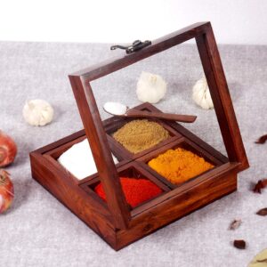 Kitchen Wood Masala Box for Kitchen Wooden Masala Dabba Dani Container